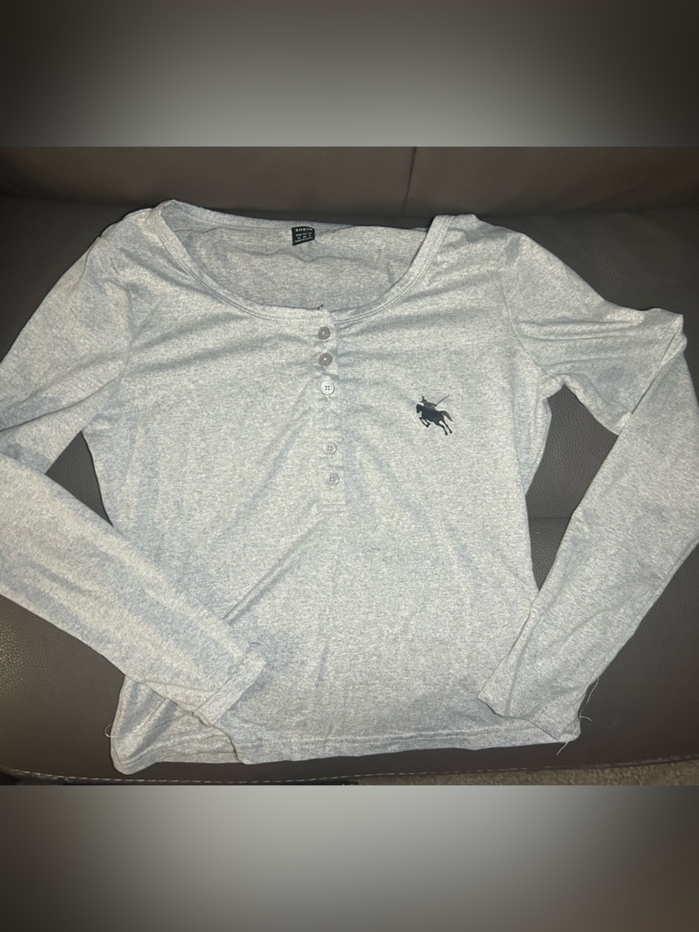 SHEIN Light Gray Long-Sleeve Henley with Small Black Logo